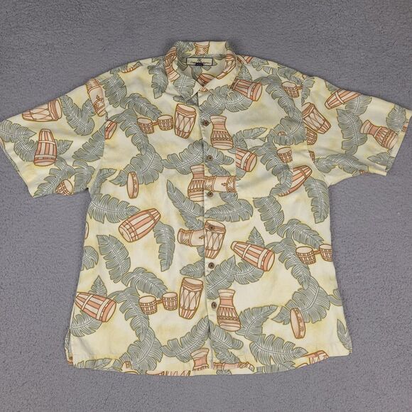 Tommy Bahama Shirt Mens‎ Large Silk Bongo Drums Palm Hawaiian Button Down Camp - Picture 1 of 14